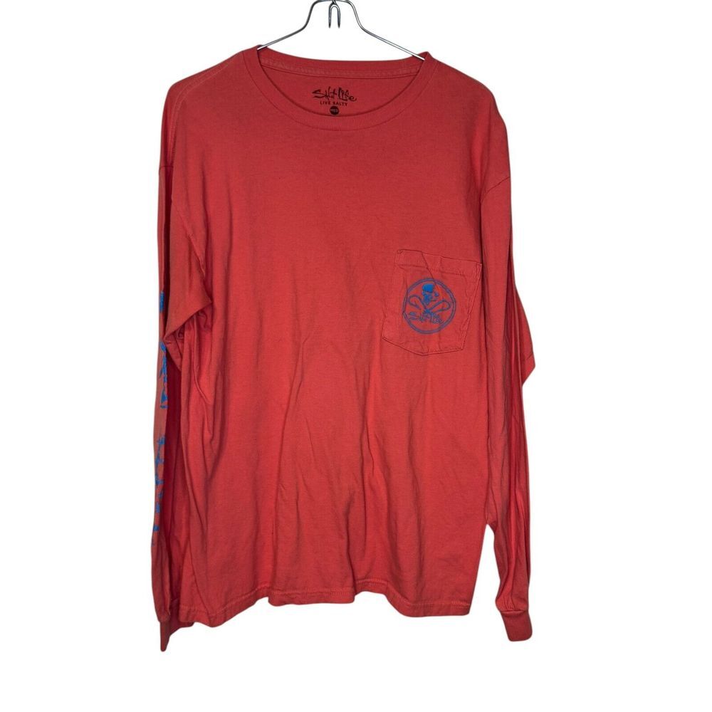Salt Life Men Shirt Skull and Cross-Fish Hooks Long Sleeve Pocket Orange Medium